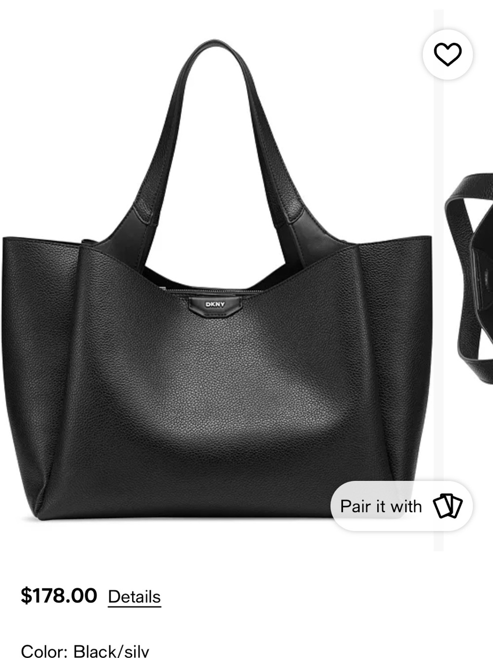 DKNY Black Leather Pebbled Tote with Silver Logo